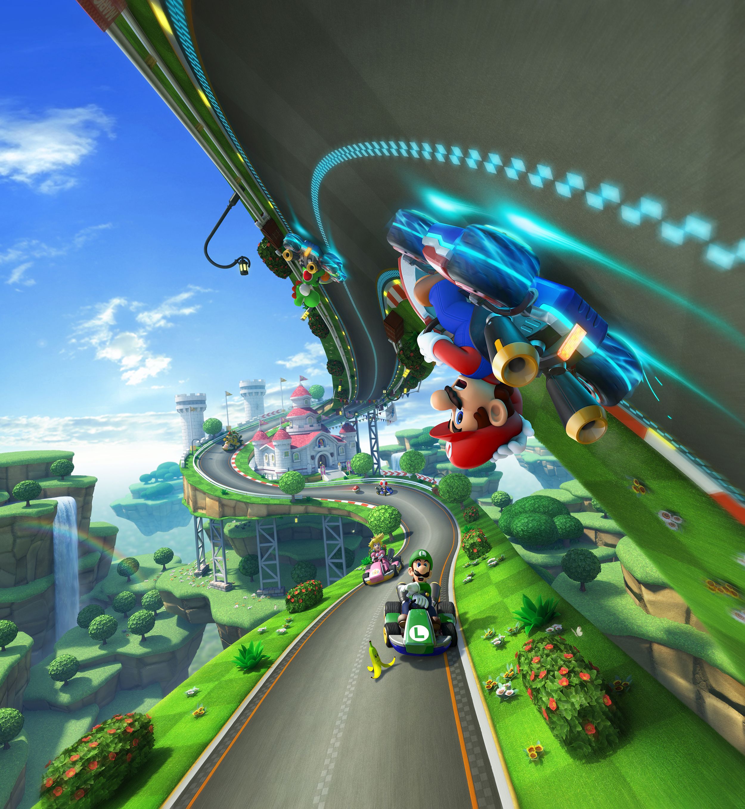 Mario Kart 8 screenshot: stylized 3d, third-person, no outlines, soft gradient (environment, character)