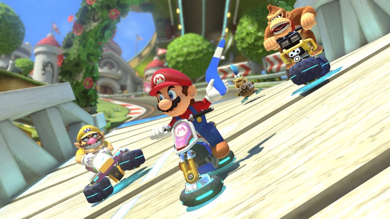 Mario Kart 8 screenshot: stylized 3d, third-person, no outlines, soft gradient (environment, character)
