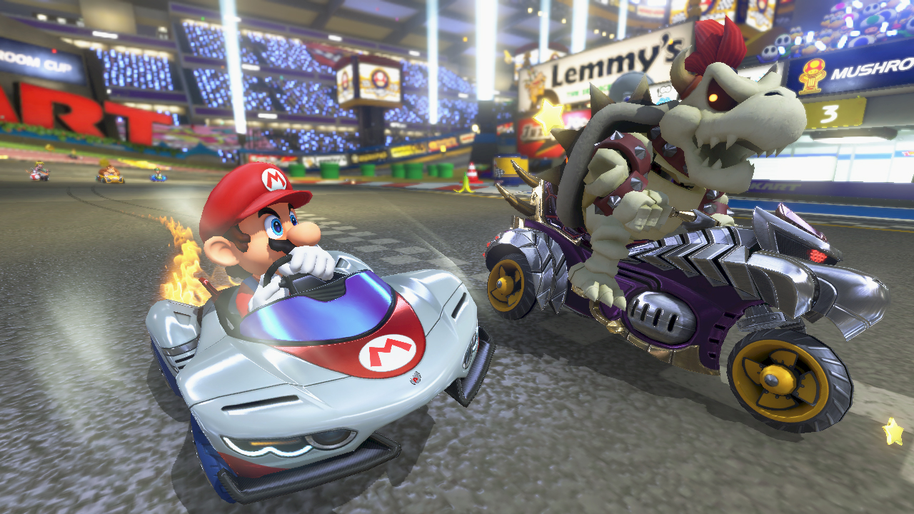 Mario Kart 8 screenshot: stylized 3d, third-person, no outlines, soft gradient (environment, character)