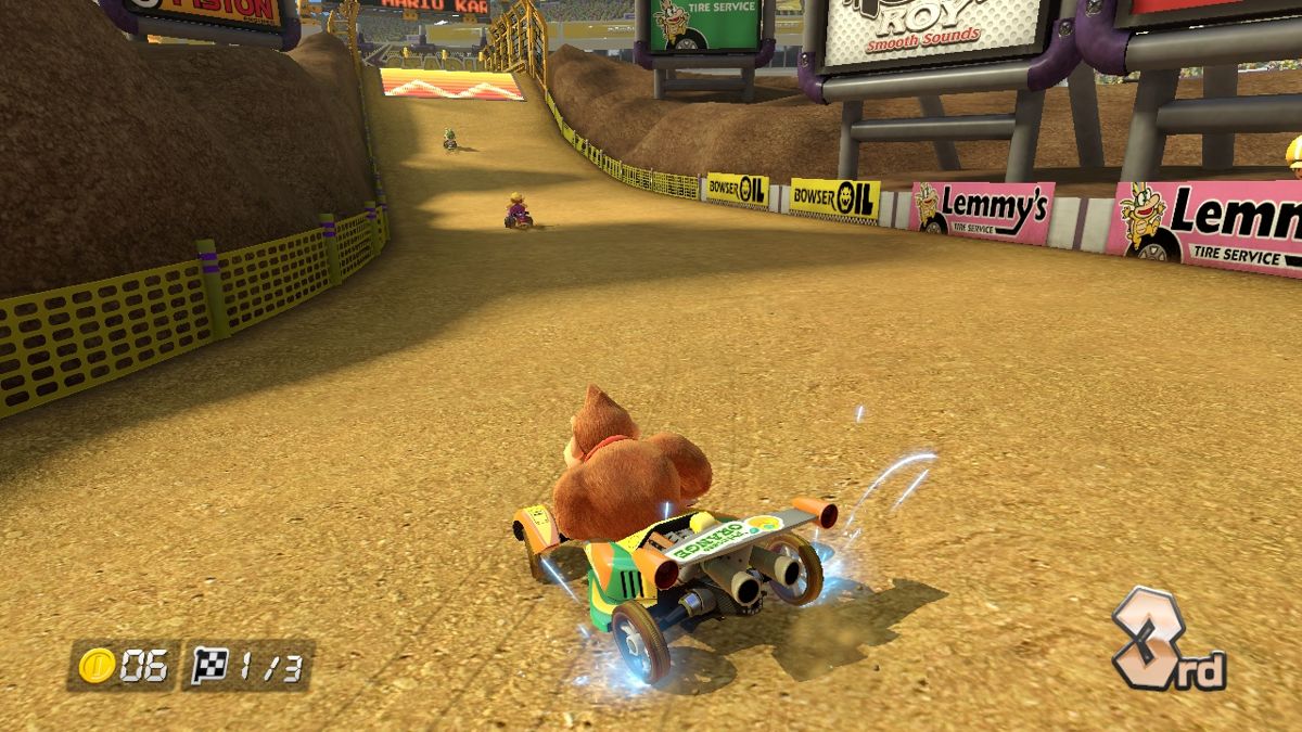 Mario Kart 8 screenshot: stylized 3d, third-person, no outlines, soft gradient (environment, character)