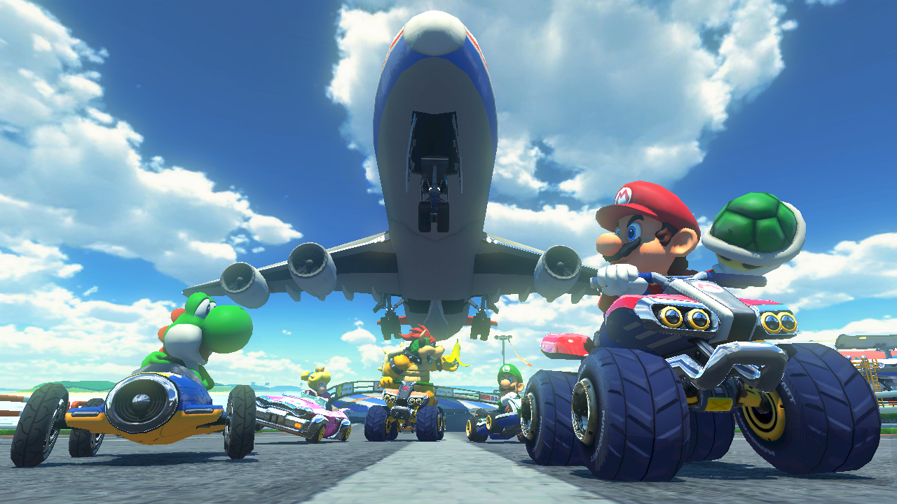 Mario Kart 8 screenshot: stylized 3d, third-person, no outlines, soft gradient (environment, character)