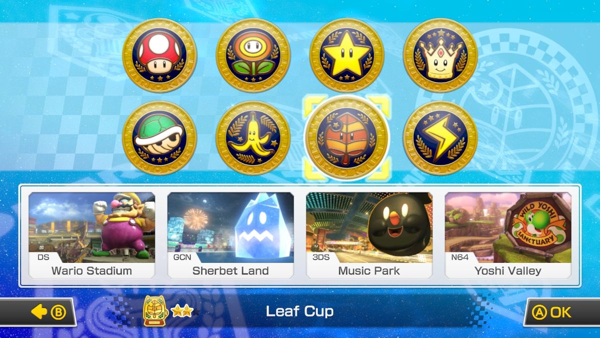 Mario Kart 8 screenshot: stylized 3d, third-person, no outlines, soft gradient (ui / menu)