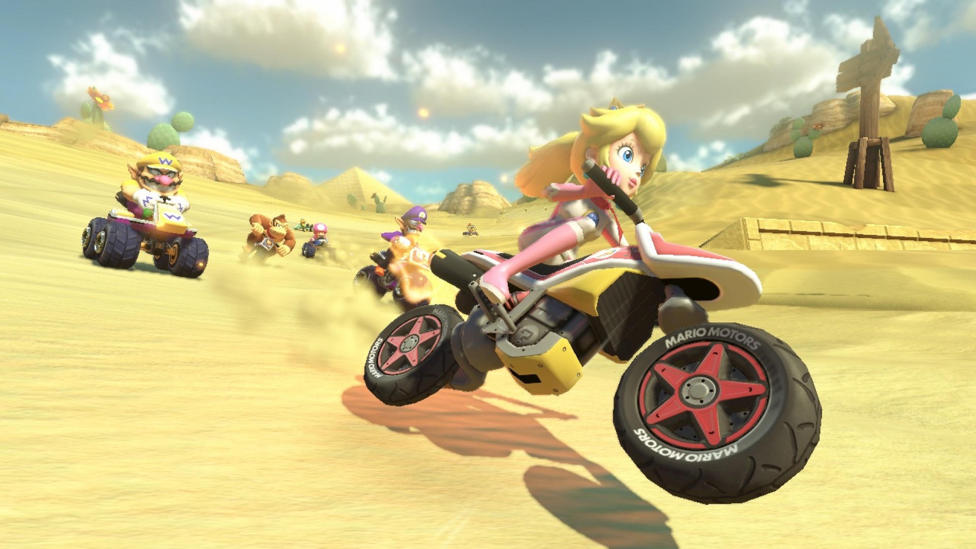 Mario Kart 8 screenshot: stylized 3d, third-person, no outlines, soft gradient (environment, character)