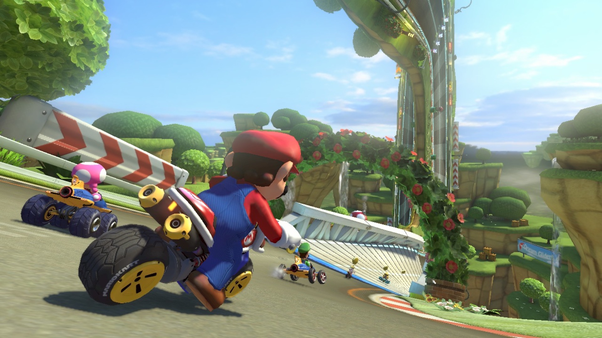 Mario Kart 8 screenshot: stylized 3d, third-person, no outlines, soft gradient (environment, character)