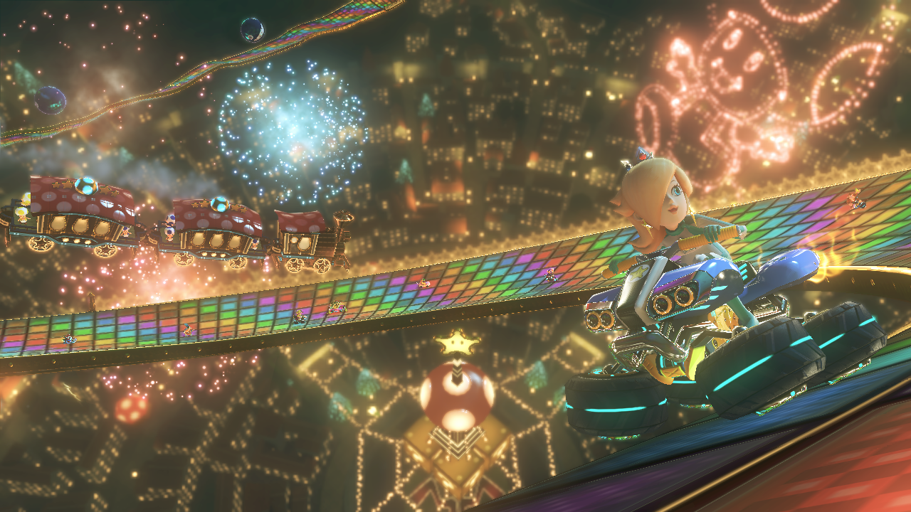 Mario Kart 8 screenshot: stylized 3d, third-person, no outlines, soft gradient (environment, character)