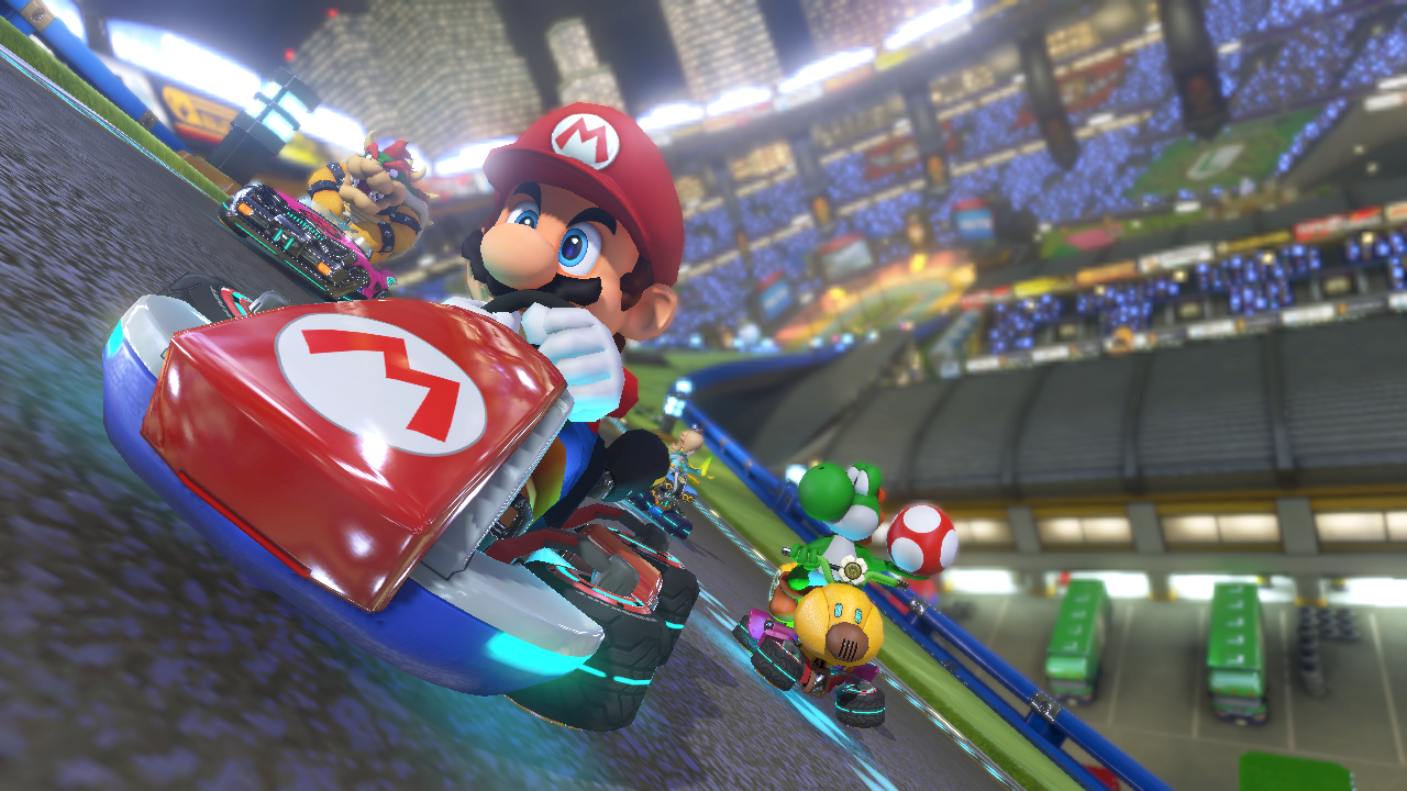 Mario Kart 8 screenshot: stylized 3d, third-person, no outlines, soft gradient (environment, character)