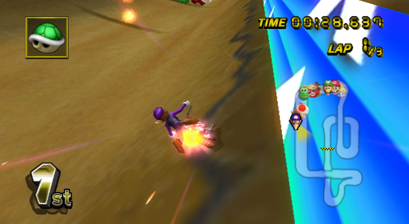 Mario Kart Wii screenshot: stylized 3d, third-person, no outlines, soft gradient (environment, character)