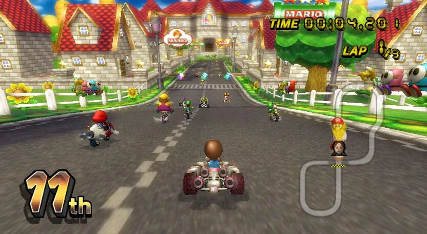Mario Kart Wii screenshot: stylized 3d, third-person, no outlines, soft gradient (environment, character)
