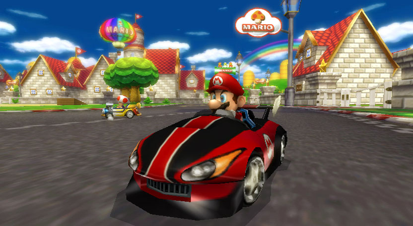 Mario Kart Wii screenshot: stylized 3d, third-person, no outlines, soft gradient (environment, character)
