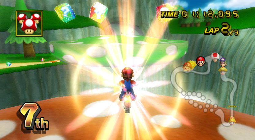 Mario Kart Wii screenshot: stylized 3d, third-person, no outlines, soft gradient (environment, character)