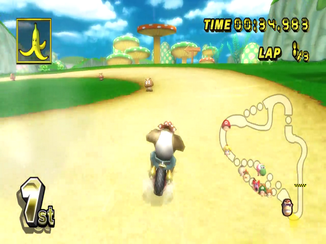Mario Kart Wii screenshot: stylized 3d, third-person, no outlines, soft gradient (environment, character)