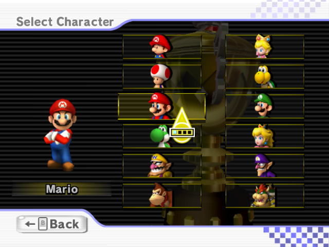 Mario Kart Wii screenshot: stylized 3d, third-person, no outlines, soft gradient (ui / menu, character)