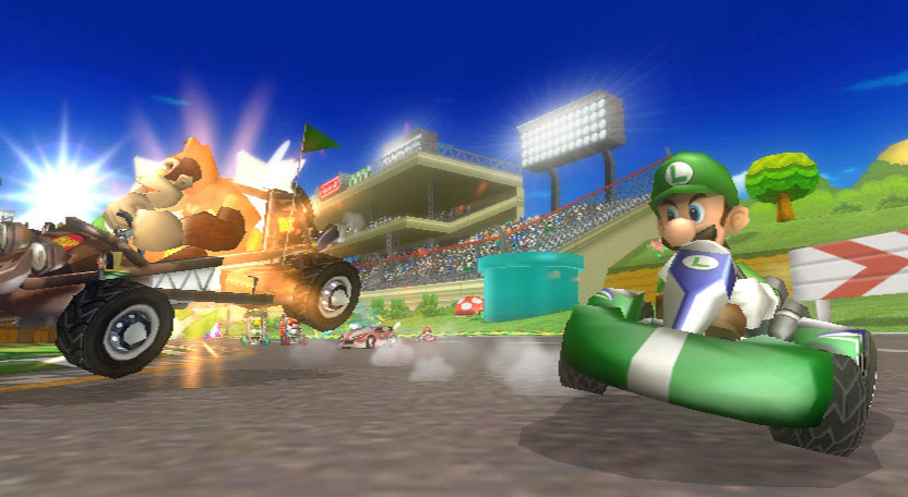 Mario Kart Wii screenshot: stylized 3d, third-person, no outlines, soft gradient (environment, character, combat)