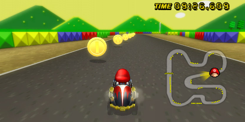 Mario Kart Wii screenshot: stylized 3d, third-person, no outlines, soft gradient (environment, character)