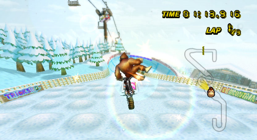 Mario Kart Wii screenshot: stylized 3d, third-person, no outlines, soft gradient (environment, character)