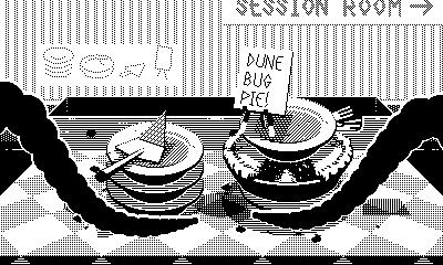 Mars After Midnight screenshot: pixel art, hand-drawn, first-person, fixed camera, inked lines, hatching (environment)