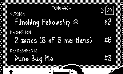 Mars After Midnight screenshot: pixel art, hand-drawn, first-person, fixed camera, inked lines, hatching (ui / menu)