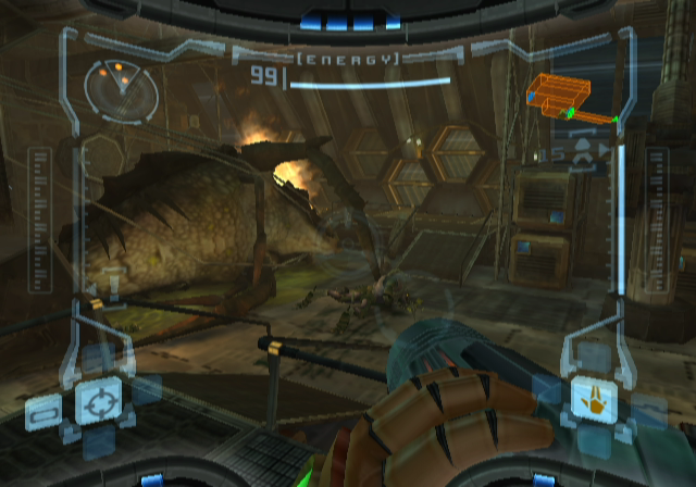 Metroid Prime screenshot: realistic, first-person, third-person, no outlines, soft gradient (environment)