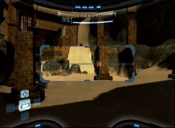 Metroid Prime screenshot: realistic, first-person, third-person, no outlines, soft gradient (environment)