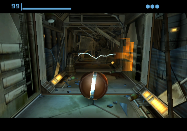 Metroid Prime screenshot: realistic, first-person, third-person, no outlines, soft gradient (environment, character)