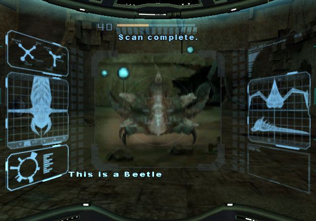 Metroid Prime screenshot: realistic, first-person, third-person, no outlines, soft gradient (environment, ui / menu)