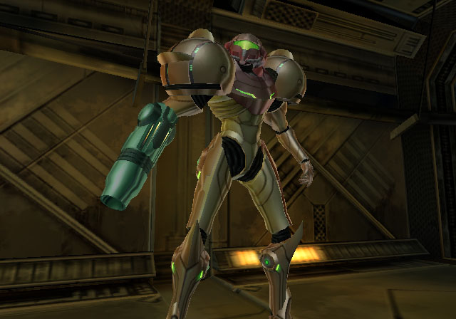 Metroid Prime screenshot: realistic, first-person, third-person, no outlines, soft gradient (character, cutscene, environment)