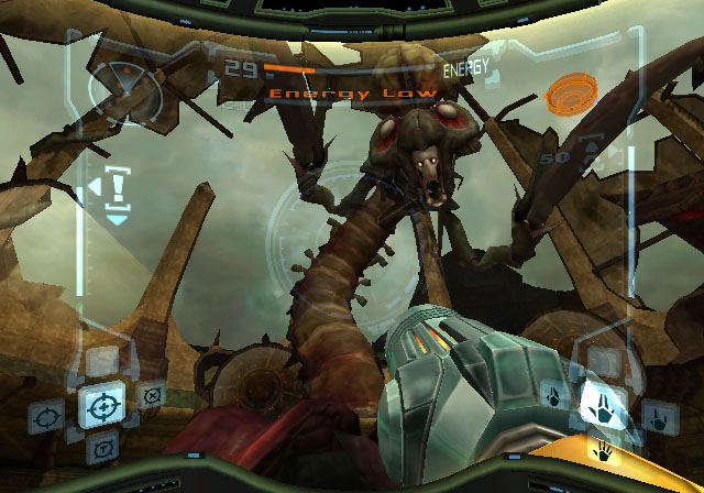 Metroid Prime screenshot: realistic, first-person, third-person, no outlines, soft gradient (combat, environment)