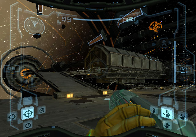 Metroid Prime screenshot: realistic, first-person, third-person, no outlines, soft gradient (environment)