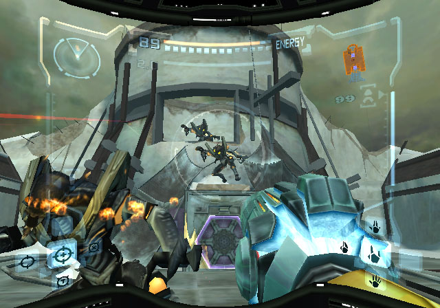 Metroid Prime screenshot: realistic, first-person, third-person, no outlines, soft gradient (combat, environment)