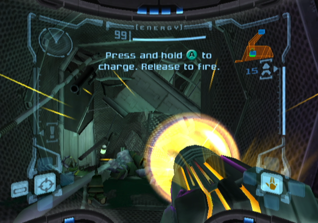 Metroid Prime screenshot: realistic, first-person, third-person, no outlines, soft gradient (environment, combat)