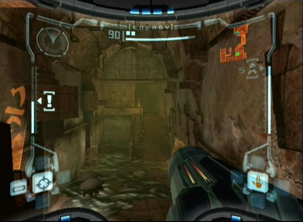 Metroid Prime screenshot: realistic, first-person, third-person, no outlines, soft gradient (environment)