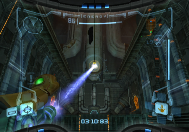 Metroid Prime screenshot: realistic, first-person, third-person, no outlines, soft gradient (environment, combat)