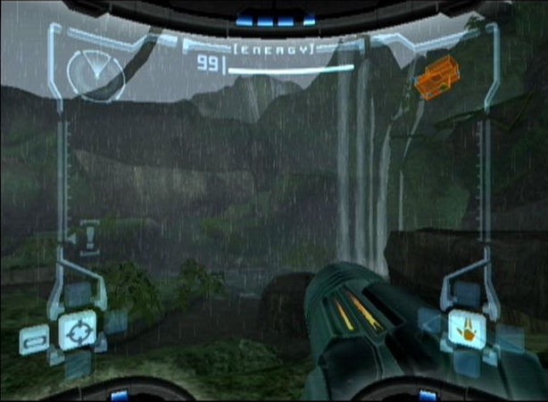 Metroid Prime screenshot: realistic, first-person, third-person, no outlines, soft gradient (environment)