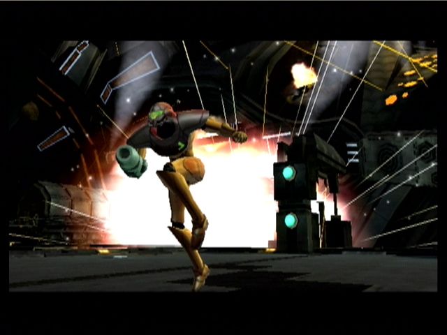Metroid Prime screenshot: realistic, first-person, third-person, no outlines, soft gradient (environment, character, cutscene)