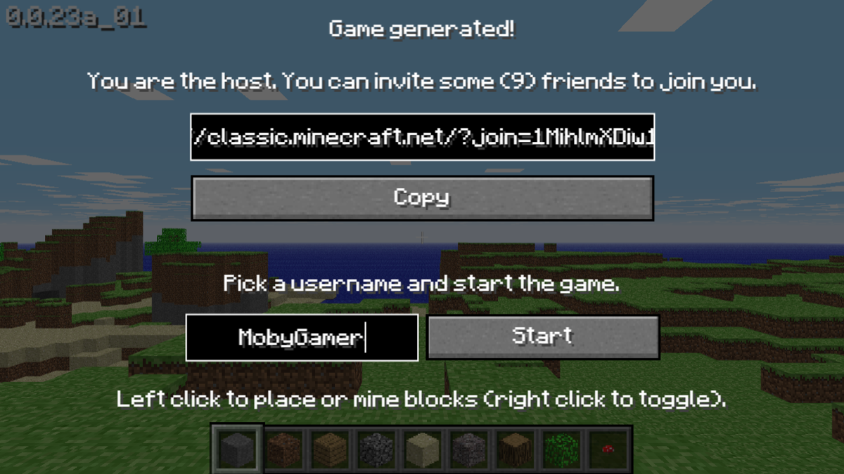 Minecraft Classic screenshot: voxel, first-person, no outlines (ui / menu)