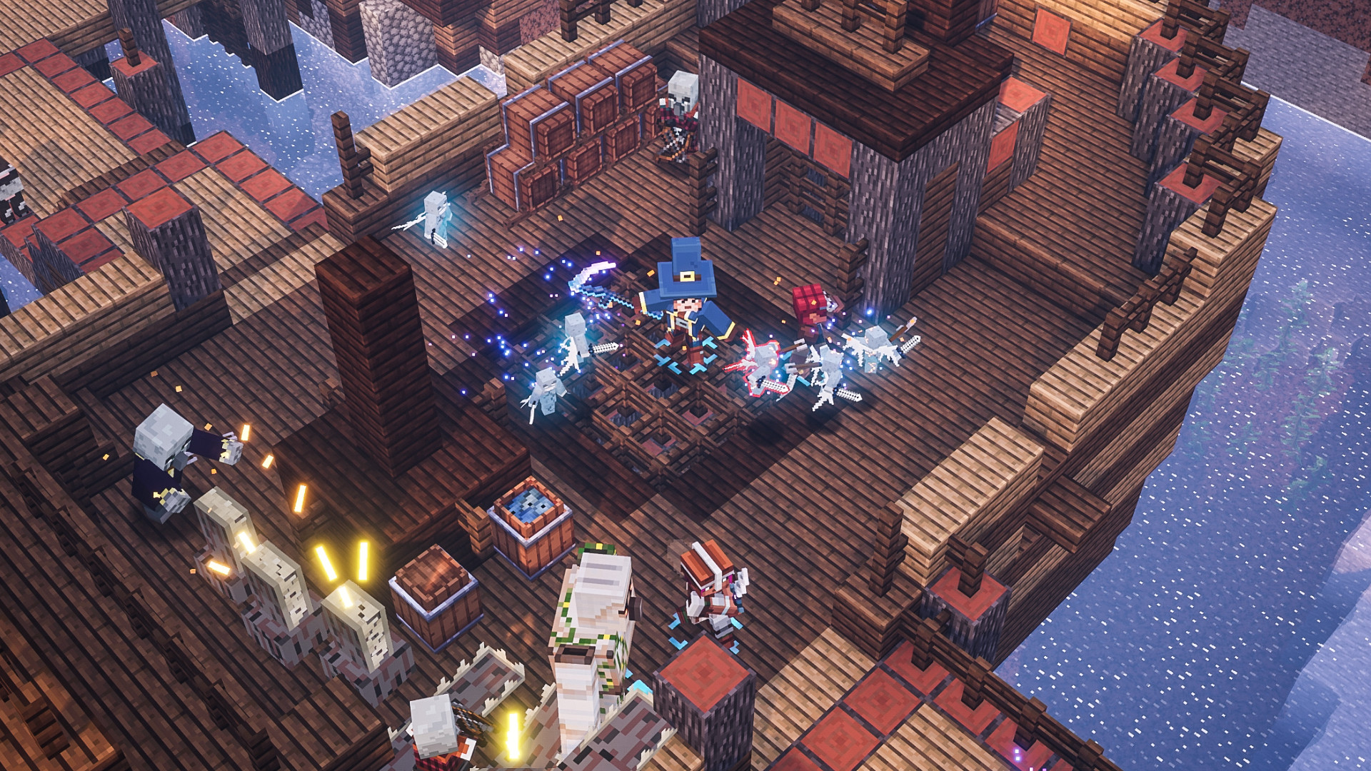 Minecraft Dungeons screenshot: voxel, isometric, no outlines, soft gradient (environment, combat)