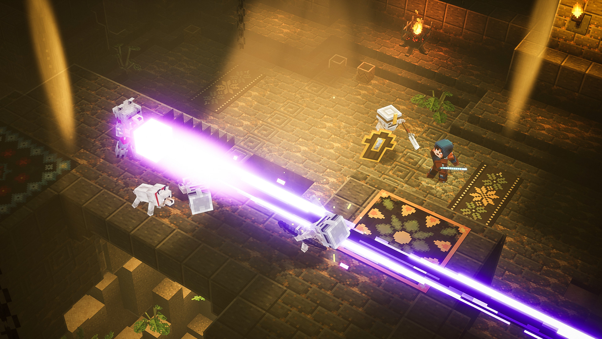 Minecraft Dungeons screenshot: voxel, isometric, no outlines, soft gradient (combat)