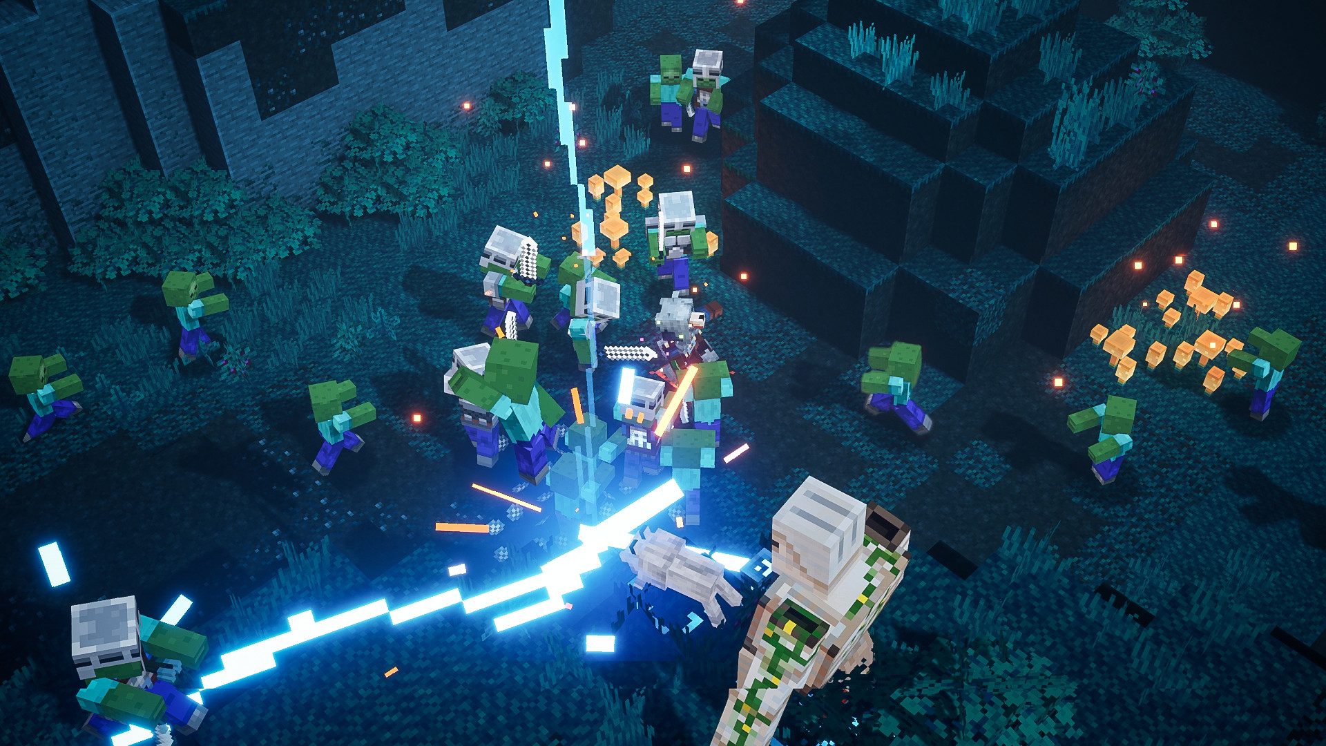 Minecraft Dungeons screenshot: voxel, isometric, no outlines, soft gradient (combat)