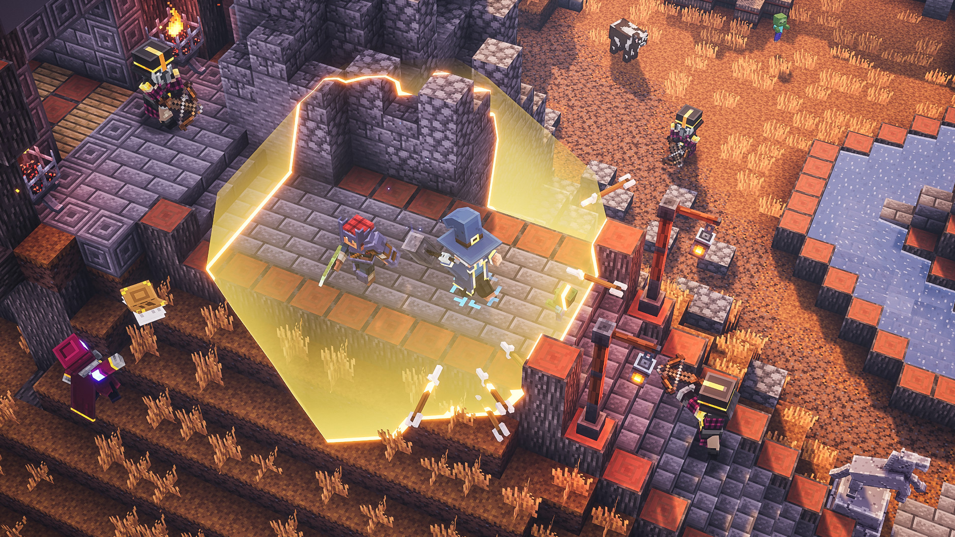 Minecraft Dungeons screenshot: voxel, isometric, no outlines, soft gradient (environment, combat)