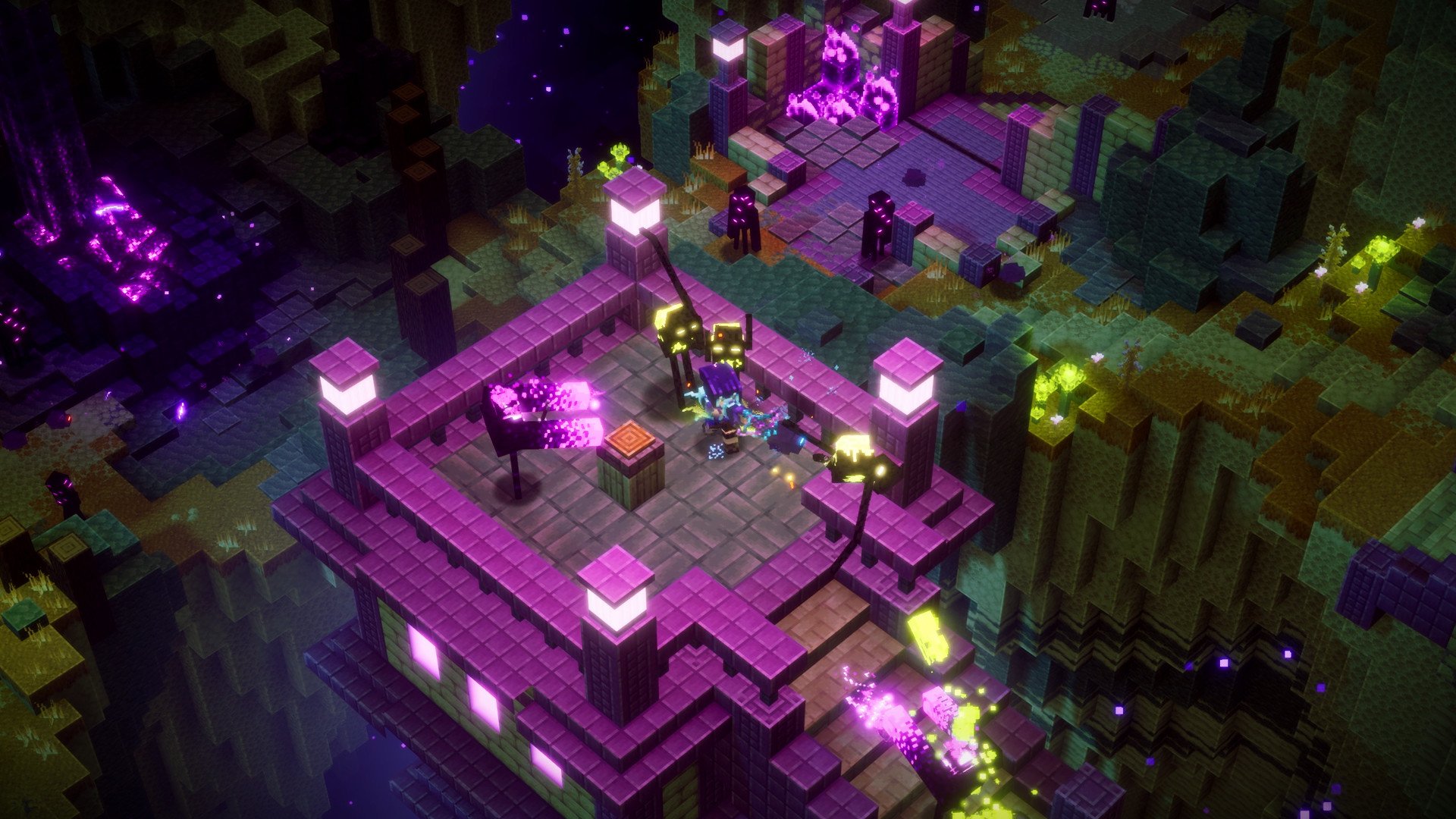 Minecraft Dungeons screenshot: voxel, isometric, no outlines, soft gradient (environment, combat)