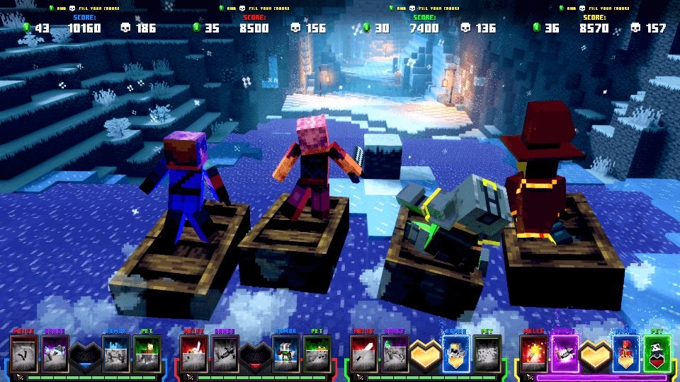 Minecraft Dungeons Arcade screenshot: voxel, stylized 3d, three-quarter, no outlines, soft gradient (environment, character)