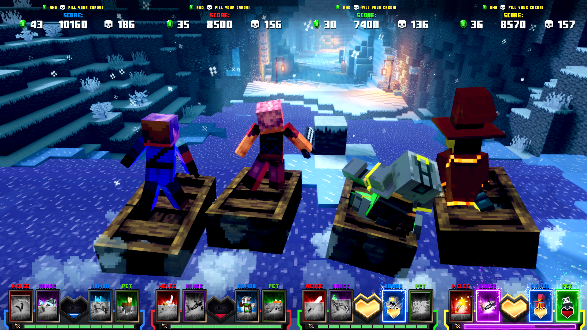 Minecraft Dungeons Arcade screenshot: voxel, stylized 3d, three-quarter, no outlines, soft gradient (environment, character)