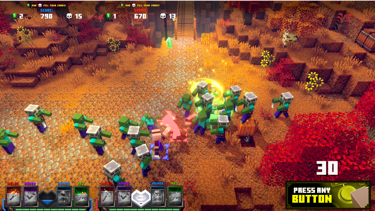 Minecraft Dungeons Arcade screenshot: voxel, stylized 3d, three-quarter, no outlines, soft gradient (environment, combat)