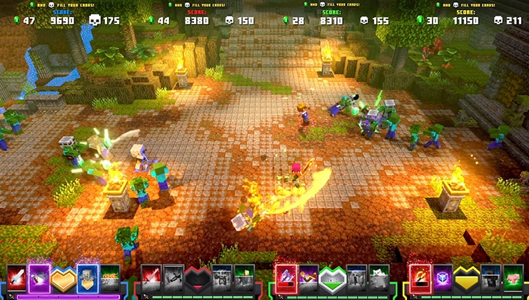 Minecraft Dungeons Arcade screenshot: voxel, stylized 3d, three-quarter, no outlines, soft gradient (environment, combat)