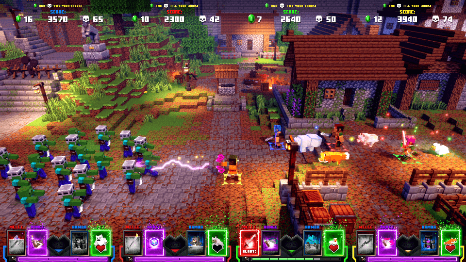 Minecraft Dungeons Arcade screenshot: voxel, stylized 3d, three-quarter, no outlines, soft gradient (environment, combat)