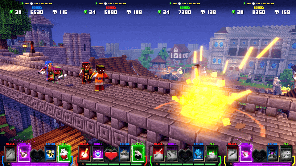 Minecraft Dungeons Arcade screenshot: voxel, stylized 3d, three-quarter, no outlines, soft gradient (environment, combat)