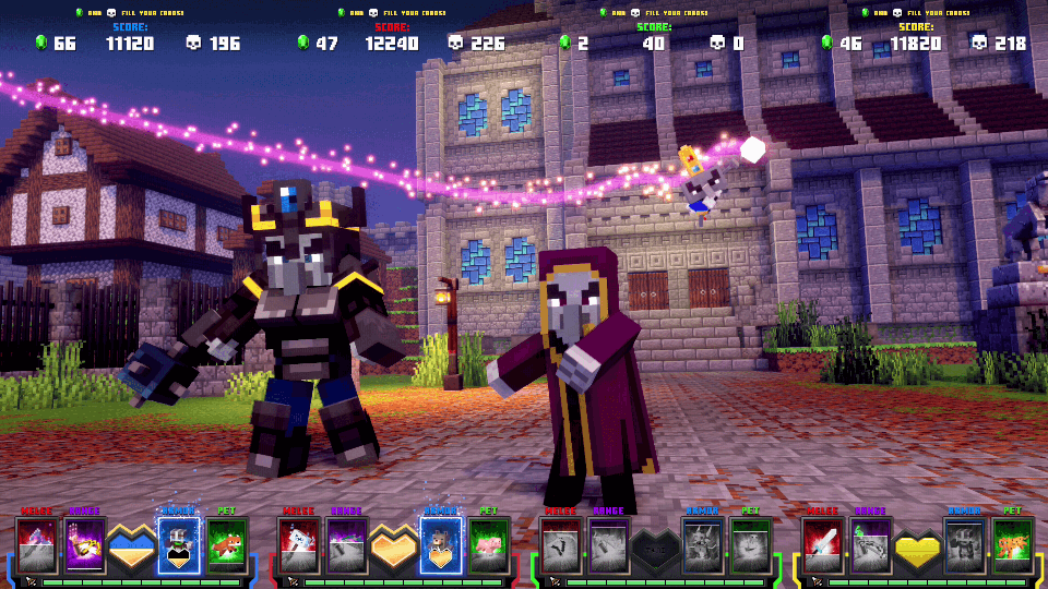 Minecraft Dungeons Arcade screenshot: voxel, stylized 3d, three-quarter, no outlines, soft gradient (environment, character, cutscene)