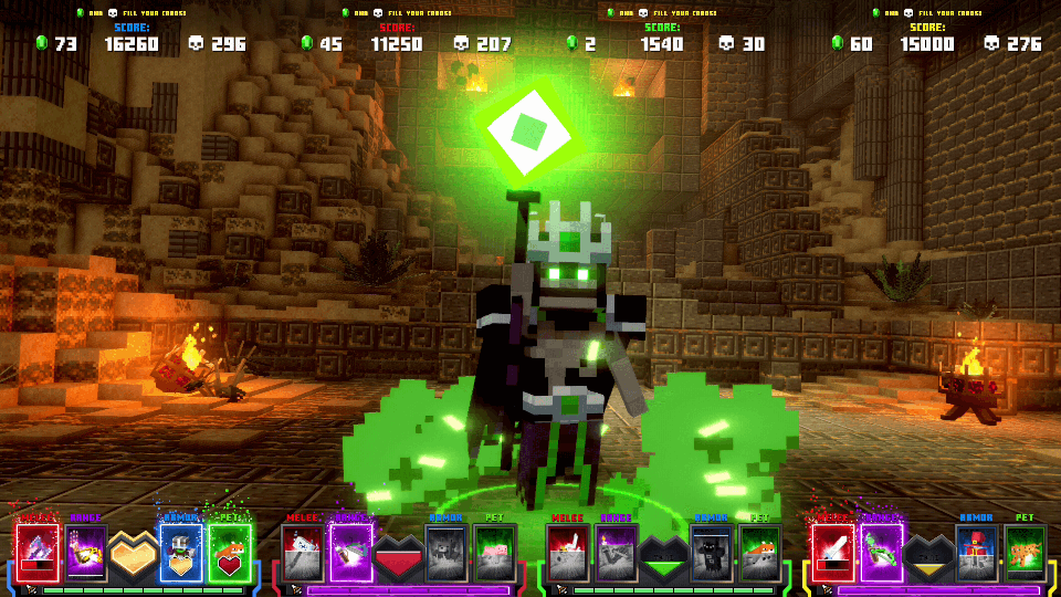 Minecraft Dungeons Arcade screenshot: voxel, stylized 3d, three-quarter, no outlines, soft gradient (environment, character, cutscene)