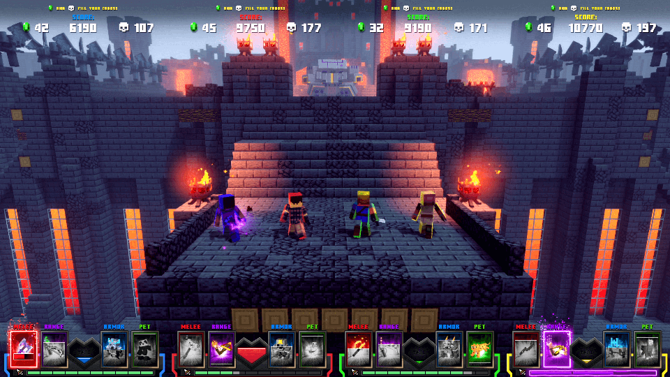 Minecraft Dungeons Arcade screenshot: voxel, stylized 3d, three-quarter, no outlines, soft gradient (environment, cutscene)