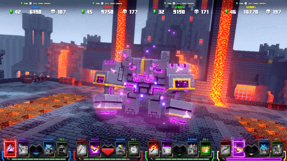 Minecraft Dungeons Arcade screenshot: voxel, stylized 3d, three-quarter, no outlines, soft gradient (environment, character, cutscene)